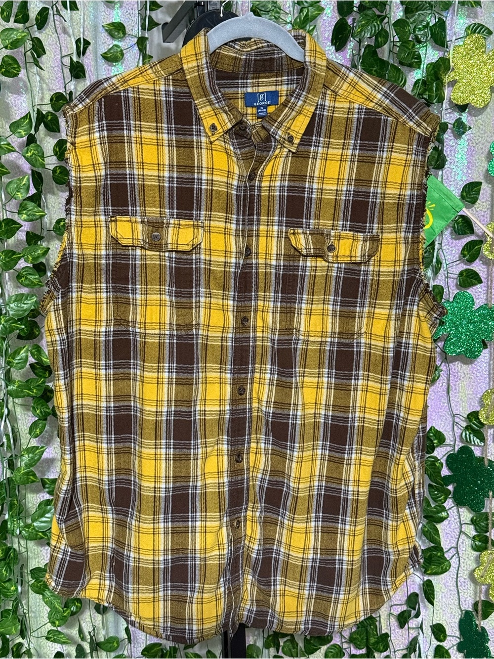 George Yellow and Brown Plaid Sleeveless Button-Down Shirt size XL